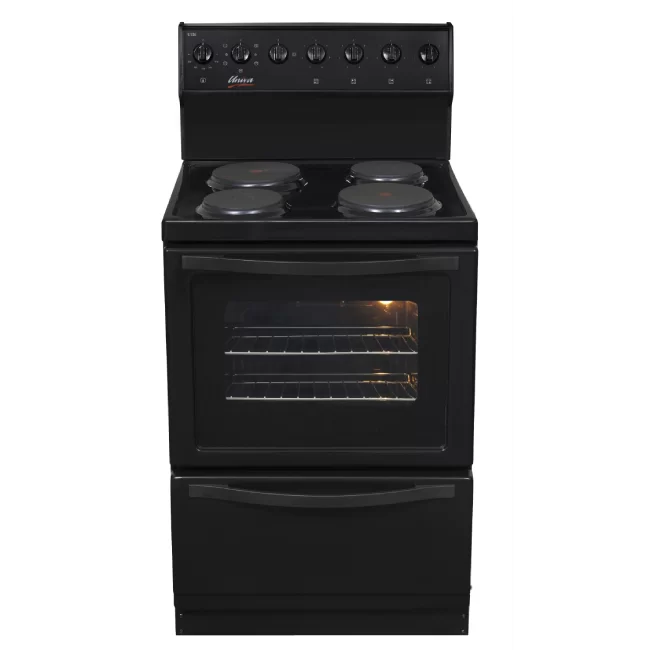 4 Solid Plate Electrical Stove Full Low-E glass door with hidden bake element Warmer drawer Black