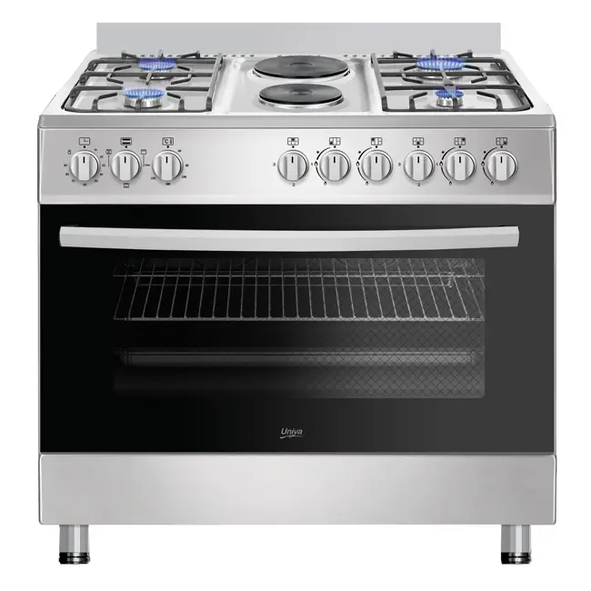 Univa 4 Burner Gas + 2 Solid Plate Stove with Electric Oven, FFD, Cast Iron Grids, Auto Ignition, ST/ST, 900mm