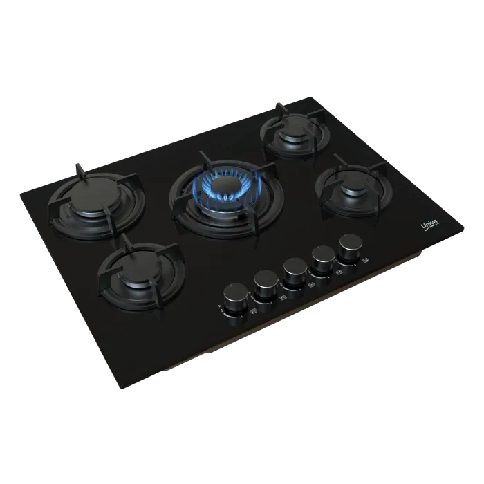 Univa 5 Burner Gas on Glass Hob, FFD, Cast Iron Grids, Battery Ignition, Black 700mm 