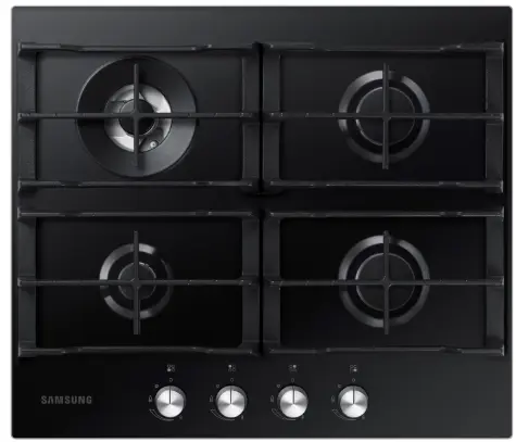 60 CM, Samsung 4 Burner Gas Hob With Cast Iron Grates, Black Tempered Glass