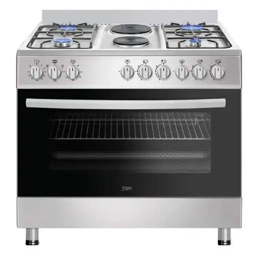 [UGE019SI2H] Univa 4 Burner Gas + 2 Solid Plate Stove with Electric Oven, FFD, Cast Iron Grids, Auto Ignition, ST/ST, 900mm