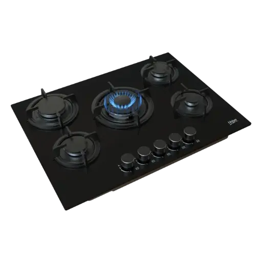 [UGH750G] Univa 5 Burner Gas on Glass Hob, FFD, Cast Iron Grids, Battery Ignition, Black 700mm 